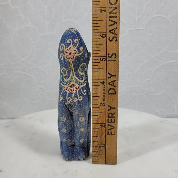 VTG Wooden Cat Shelf Sitter 6" Blue Hand Made Carved Painted Paisley Floral - Picture 9 of 16